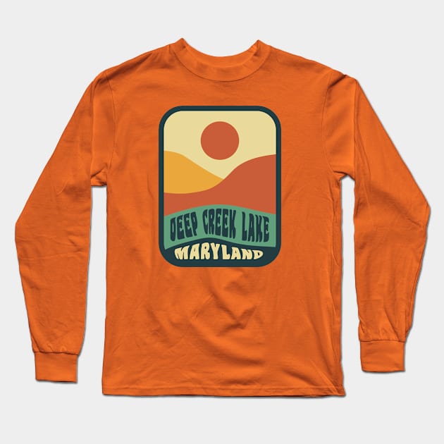 Deep Creek Lake Maryland Retro Sunset Badge Long Sleeve T-Shirt by PodDesignShop